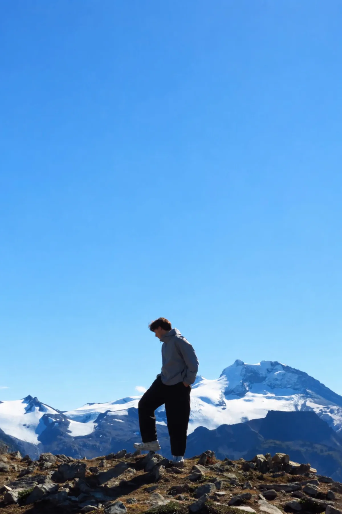 Standing on a rocky summit above snowy peaks